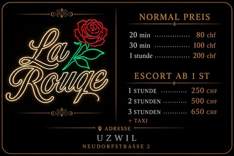 La Rouge escort service price list in Uzwil with hourly rates and location address on black background