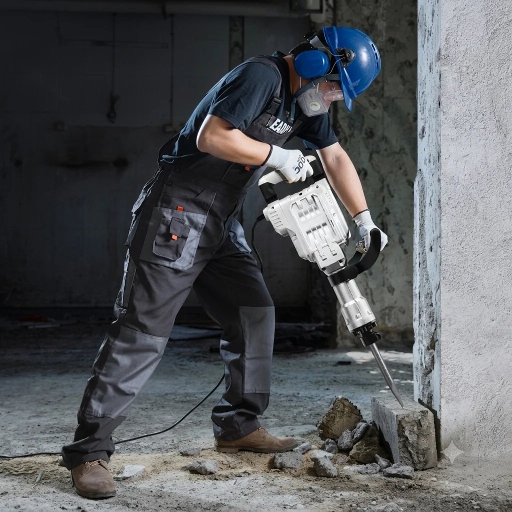 Construction worker in blue hard hat operating a jackhammer on concrete floor indoors