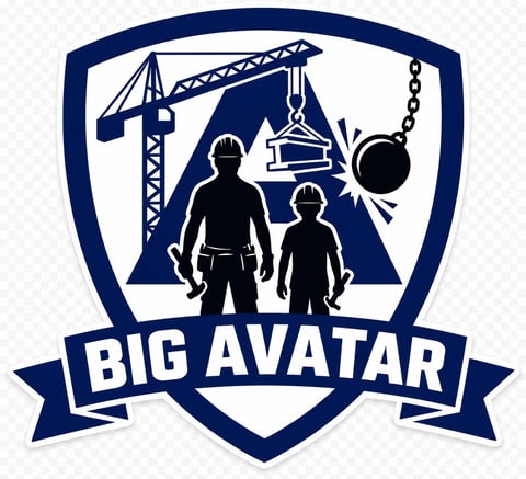 Big Avatar logo featuring silhouettes of two workers with construction crane and wrecking ball on shield badge