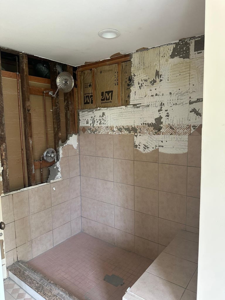Walk-in shower renovation with exposed brick and tile