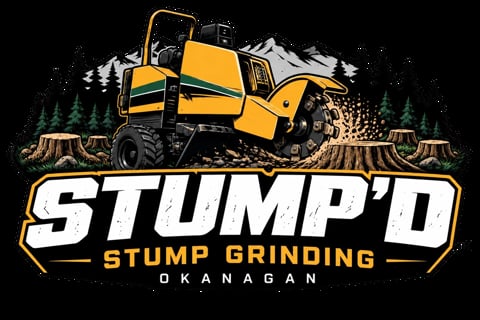 STUMP'D Stump Grinding Okanagan — yellow stump grinder machine with tree stumps and forest background