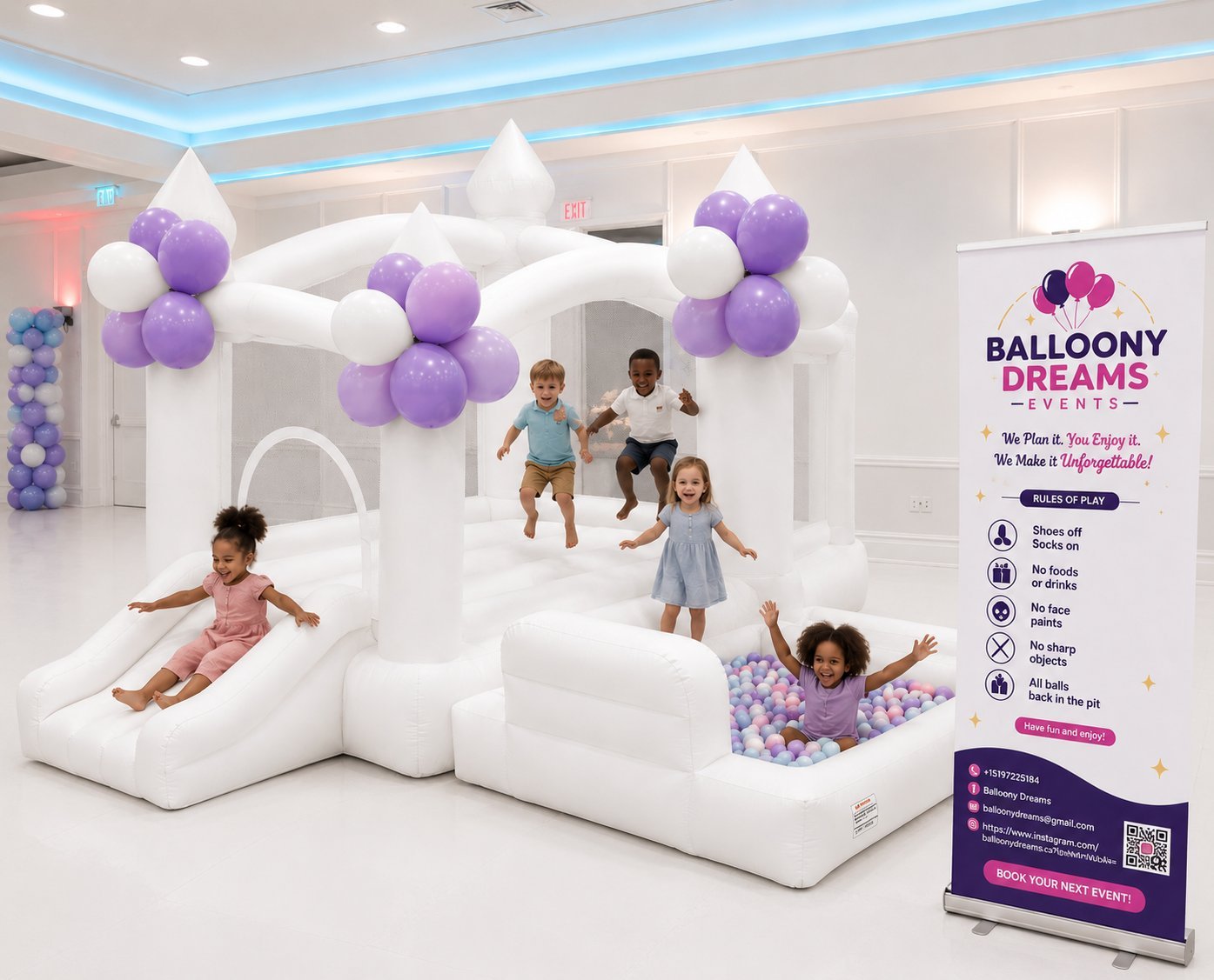 Luxury balloon arch installation with soft cinematic lighting