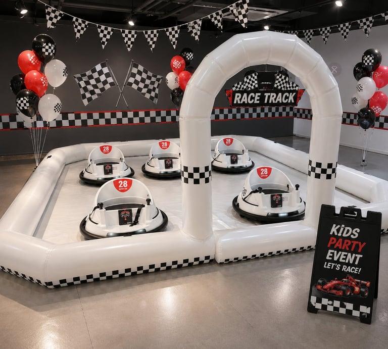 Race track themed party setup with white bumper cars, checkered decorations, balloons, and a large archway entrance
