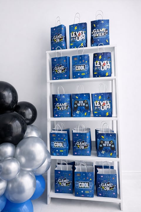 White shelving unit displaying blue gift bags with gaming-themed text, alongside black and silver balloons