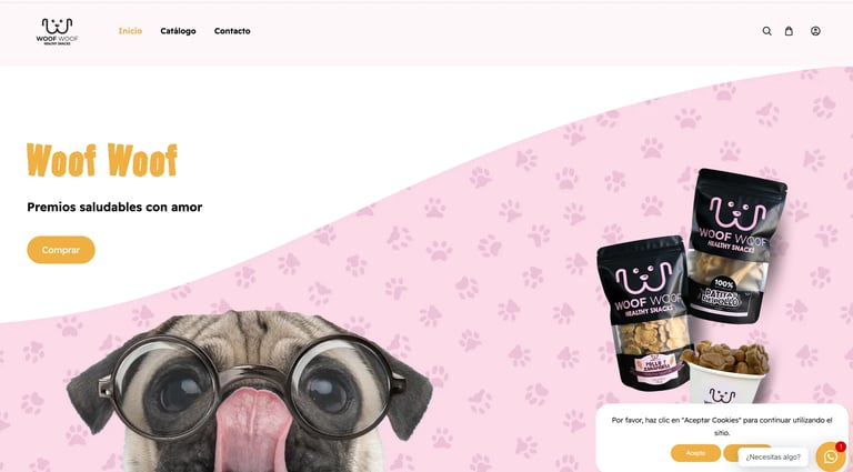 Dog with large eyes licking its nose on pink background with paw print pattern, alongside pet treat product packages labeled Woof Woof