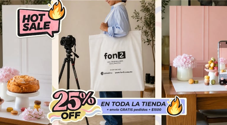 Hot sale promotional banner showing 25% off discount with person holding font2 branded tote bag and home decor items displayed