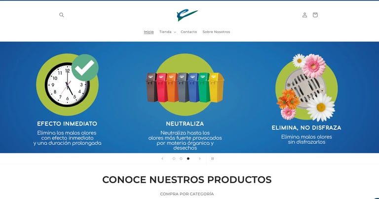 Three product benefits icons with Spanish labels: clock for immediate effect, colorful books for neutralization, and flower for odor elimination