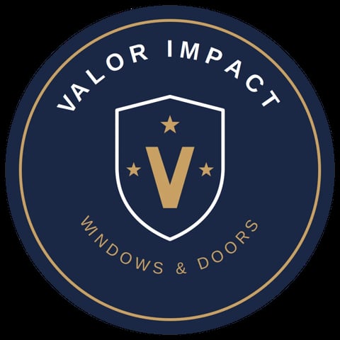 Valor Impact Windows and Doors logo featuring a gold V shield with stars on dark blue circular background