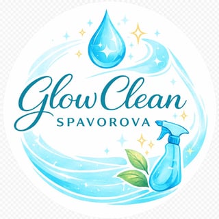 Glow Clean Spavorova logo featuring a water droplet, spray bottle, and swirling water waves with sparkles on a light background