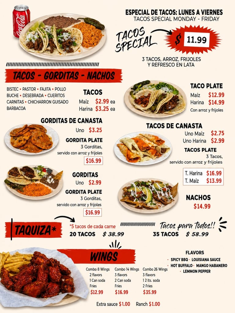 Mexican restaurant menu featuring tacos, gorditas, nachos, and wings with prices and daily specials highlighted.