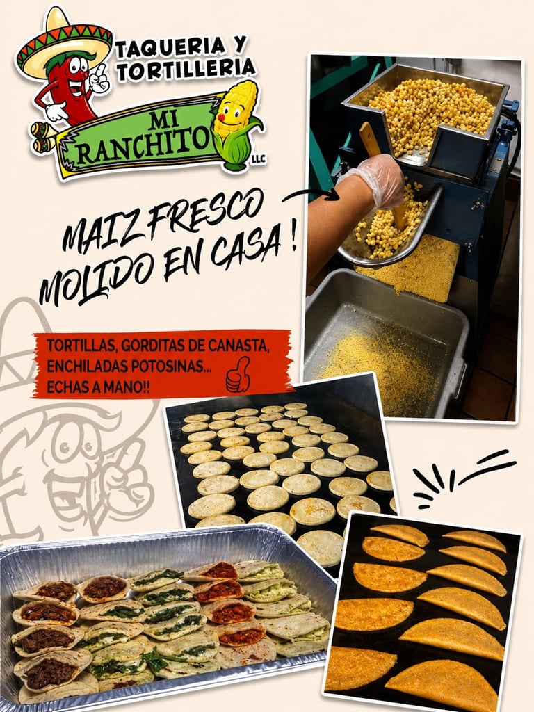 Mi Ranchito Taqueria y Tortilleria menu featuring fresh handmade corn tortillas, empanadas, enchiladas, and tacos