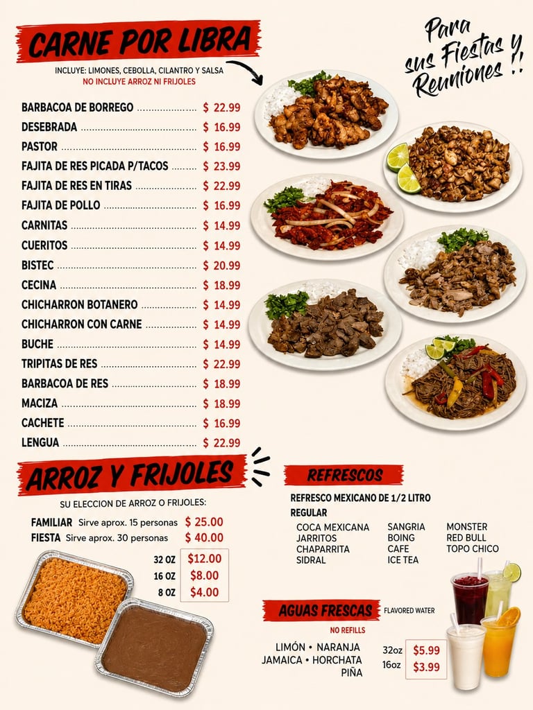 Spanish language menu featuring Carne por Libra (meat by the pound) with prices, rice and beans options, and beverage selections with accompanying food photos