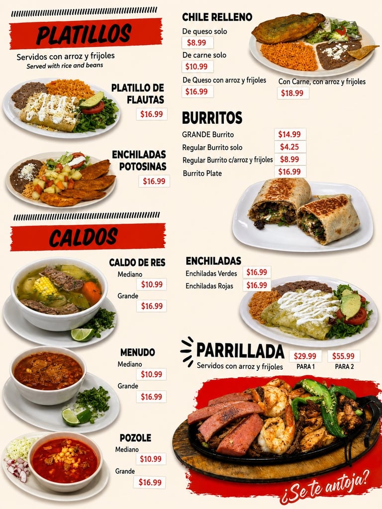 Spanish language restaurant menu featuring traditional Mexican dishes with photos and prices, including enchiladas, burritos, platillos, caldos, and parrillada.