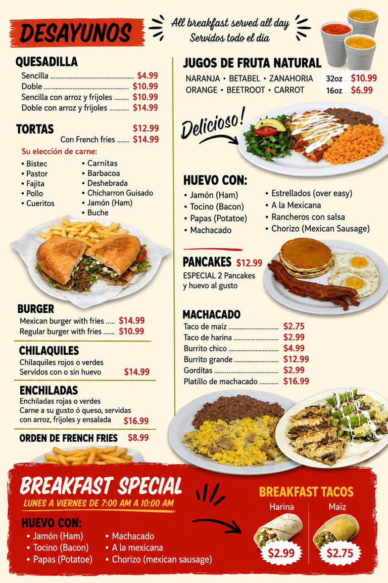 Desayunos Spanish breakfast restaurant menu featuring quesadillas, tortas, burgers, enchiladas, pancakes, and huevos con various toppings with prices.
