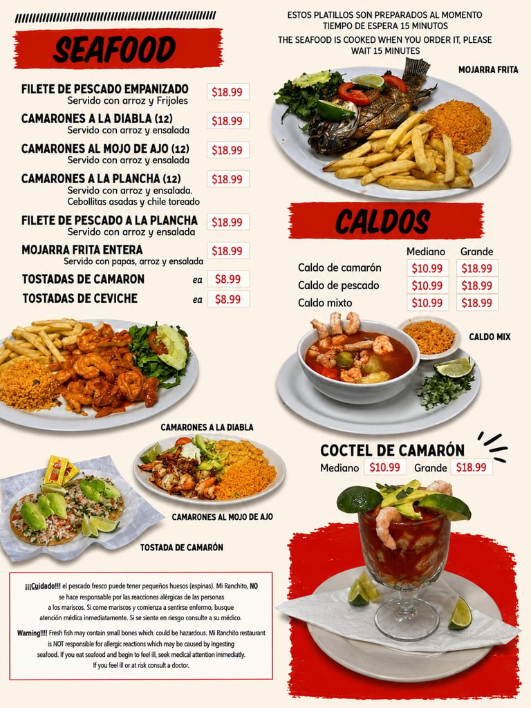 Restaurant menu page showing seafood dishes and cocktails with prices, photos of prepared meals and drinks