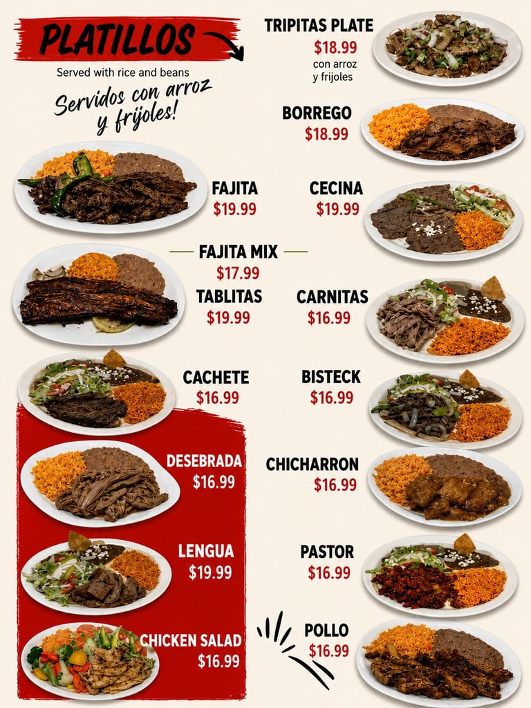 Menu board displaying platillos (Spanish dishes) with prices ranging from $16.99-$19.99, featuring items like fajitas, ceviche, carnitas, and various meat plates.