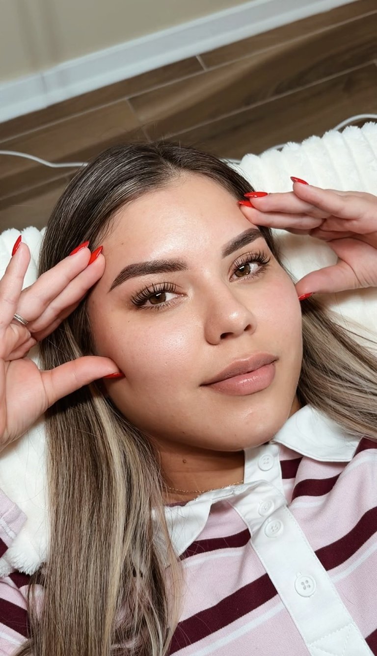 Woman with long brown hair and red nails touching her face, wearing striped pink and burgundy shirt, showcasing a polished lash and brow result