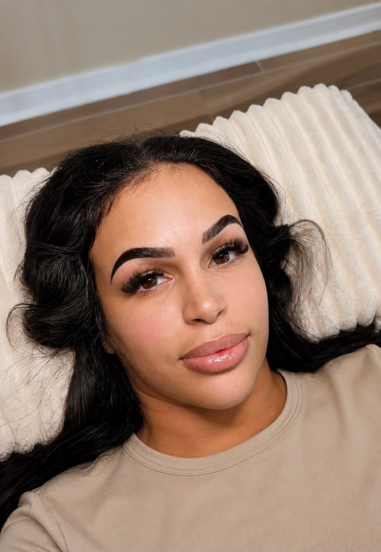 Woman with long black hair and defined makeup posing against white pillows indoors