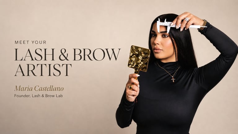 Woman in black long-sleeve top holding a gold makeup product, adjusting her lash extensions. Text reads Meet Your Lash & Brow Artist Maria Castellano.