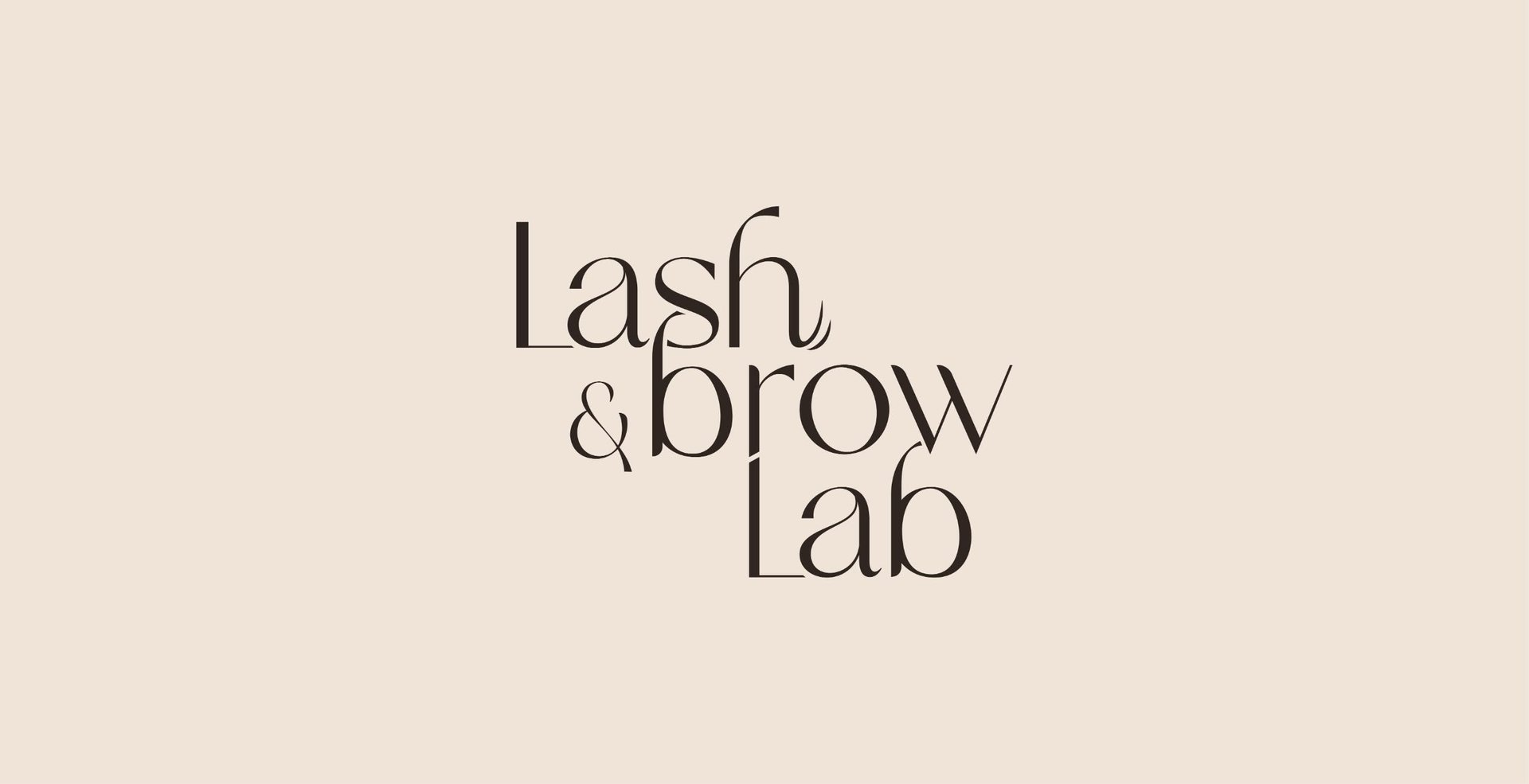Lash and Brow Lab logo on beige background, elegant minimalist text design