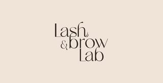 Lash and Brow Lab logo on beige background, elegant minimalist text design