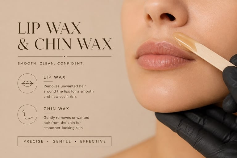 Beauty product advertisement showing lip and chin wax application with descriptive text and product benefits on beige background