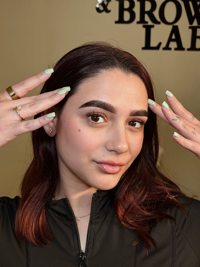 Client result: woman with long dark reddish hair displaying manicured nails with neutral nail art against a beige background