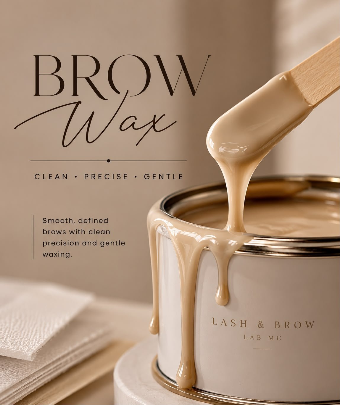 Brow wax product advertisement showing beige wax dripping from applicator brush into a metallic container with clean, minimal styling