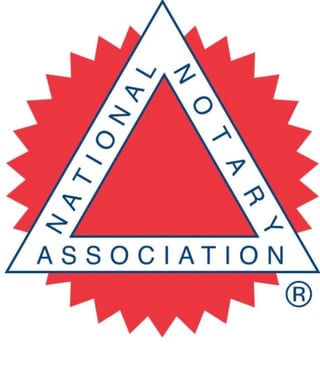 National Notary Association logo featuring a red triangle with radiating points surrounded by navy blue text on white bands