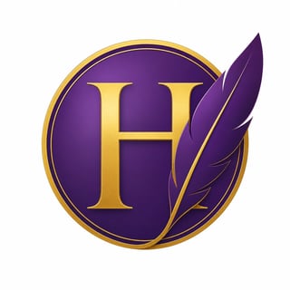 Golden letter H with a purple quill feather inside a circular purple and gold badge logo