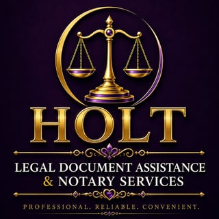 HOLT Legal Document Assistance and Notary Services logo featuring gold scales of justice symbol on dark background