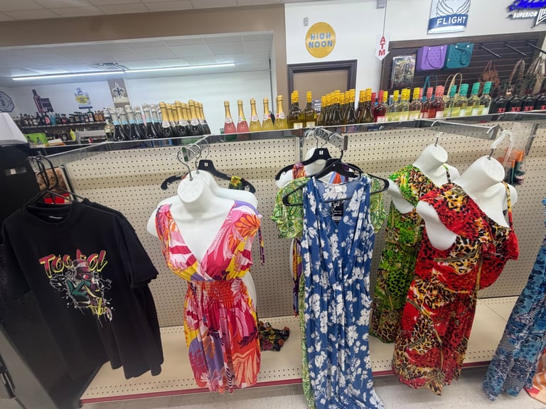 Retail display with colorful dresses on mannequins hung on a pegboard wall, with shelves of products visible in background