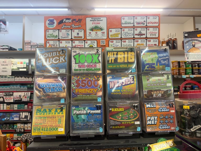 Row of colorful lottery ticket vending machines in a convenience store with menu boards above