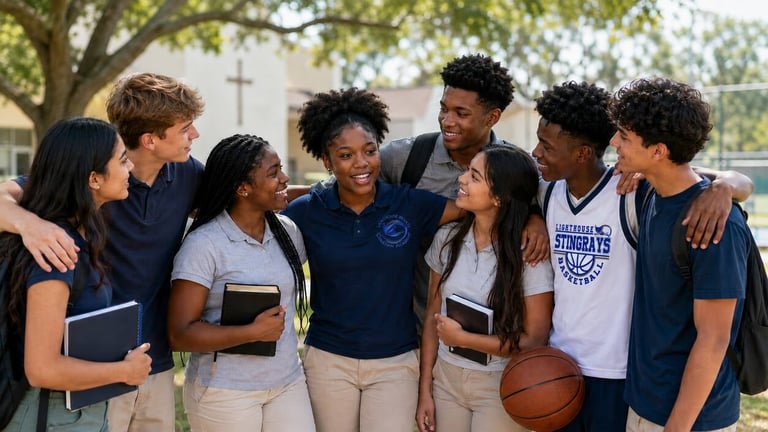 Diverse group of students standing together outdoors and smiling at the camera