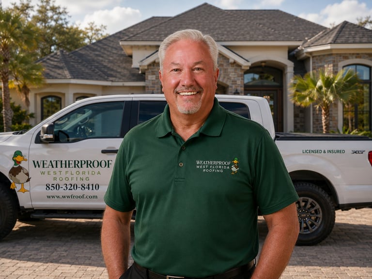 Smiling man in green polo shirt standing in front of his weatherproof roofing service truck and house