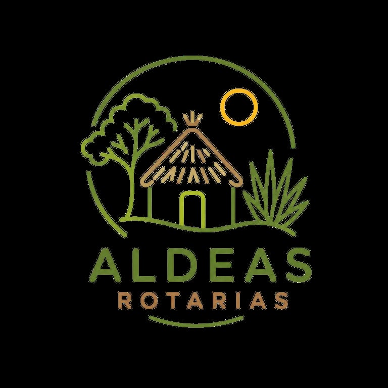 Logo del programa Aldeas Rotarias — comunidades modelo con palapa, árboles y sol