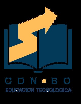 Logo for CDNBO Educacion Tecnologica featuring an open book with an upward arrow on a dark background