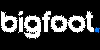 Bigfoot logo with white text and blue dot accent on black background