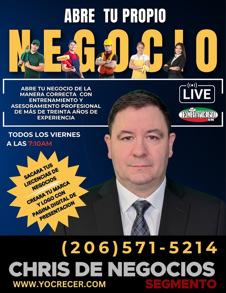 Promotional flyer for Abre Tu Propio Negocio business program featuring Chris De Negocios with contact info