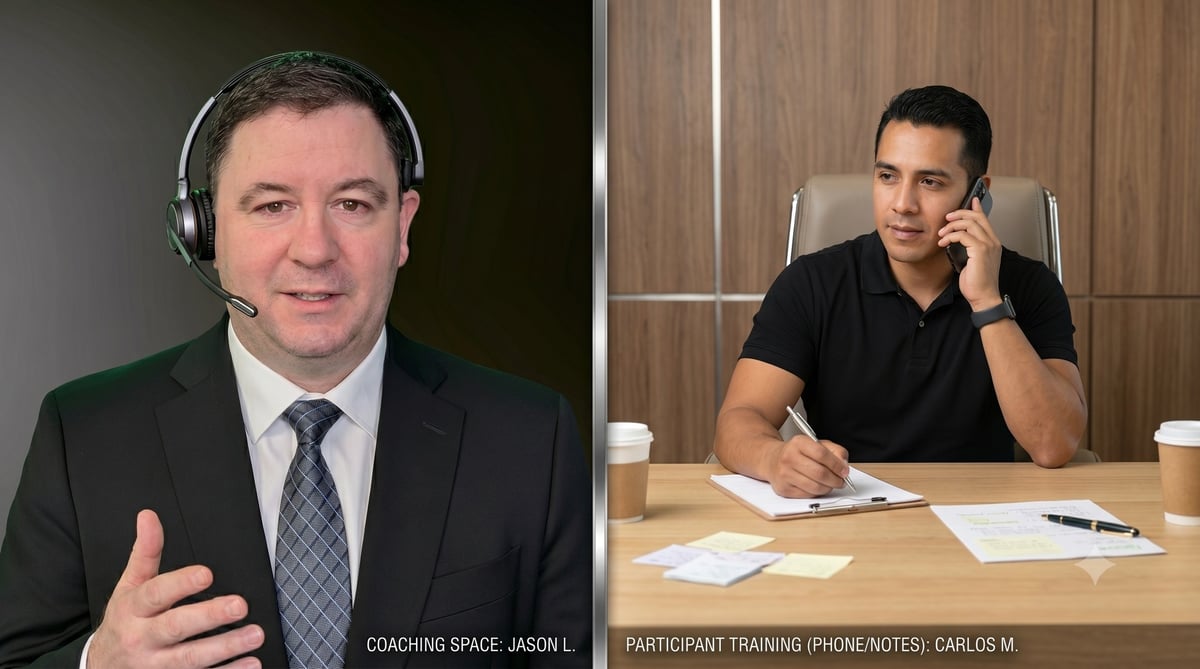 Two men in professional settings: left shows man wearing headset and suit; right shows man at desk on phone taking notes