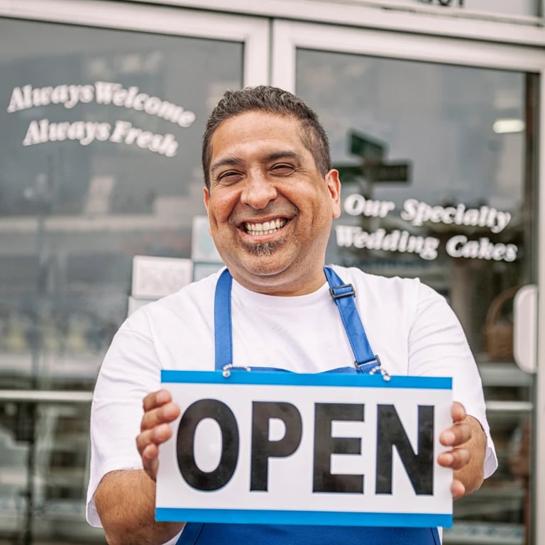 Smiling male business owner in blue apron holding an OPEN sign outside his storefront