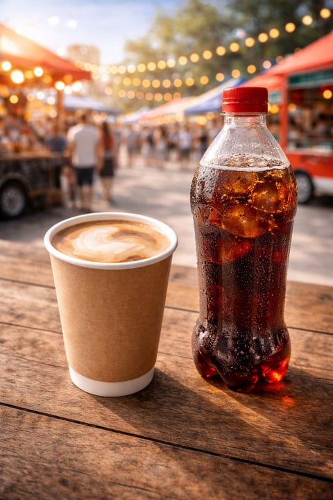 A paper coffee cup with latte art and a bottle of cola on a wooden table at an outdoor market or festival with string lights