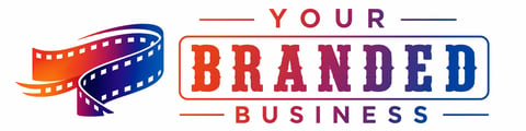 Your Branded Business logo with film strip graphic and text in red and blue colors