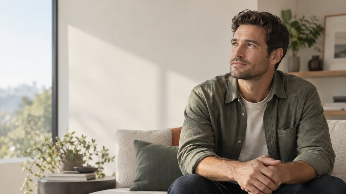 Man in an olive jacket sitting on a light-colored couch in a bright, modern living room, looking thoughtfully toward a sunlit window