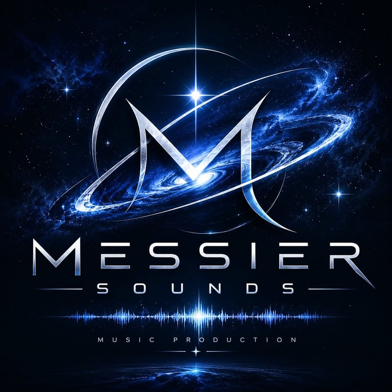 Messier Sounds music production logo featuring a glowing blue orbital design with sound waves against a dark starry background