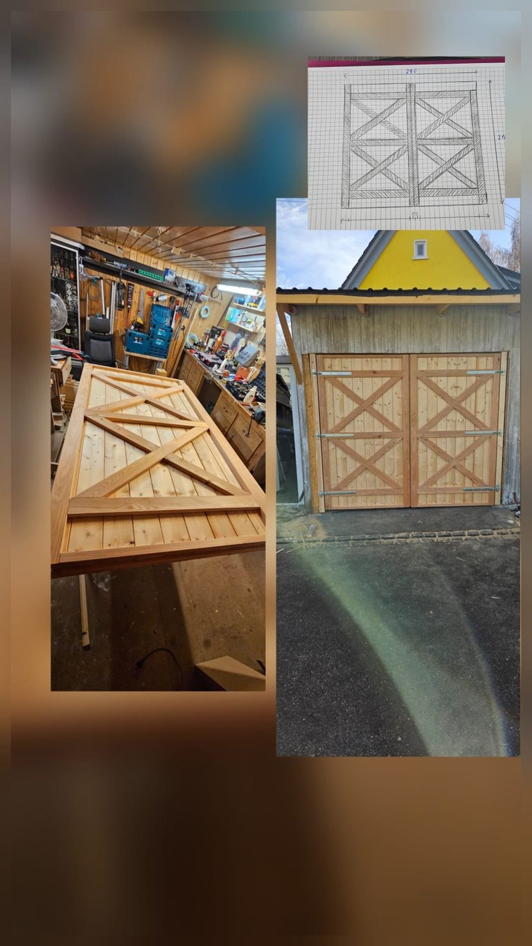 Collage showing garage door design process: sketch blueprint, workshop interior, wooden double door with X-pattern, and finished barn-style garage doors with yellow roof
