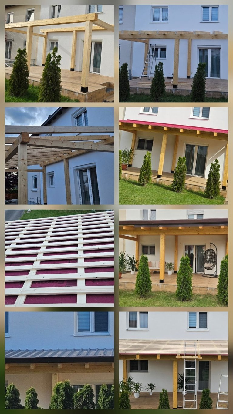 Grid of 8 images showing various wooden pergolas and patio covers attached to residential houses with different designs and colors