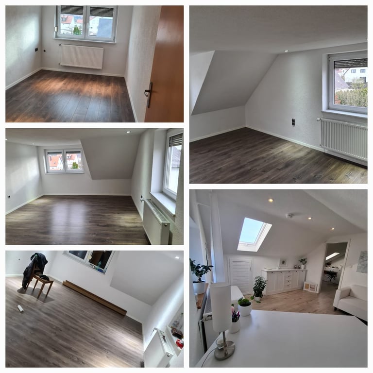 Multiple views of renovated apartment interiors with wooden flooring, white walls, windows, and modern fixtures