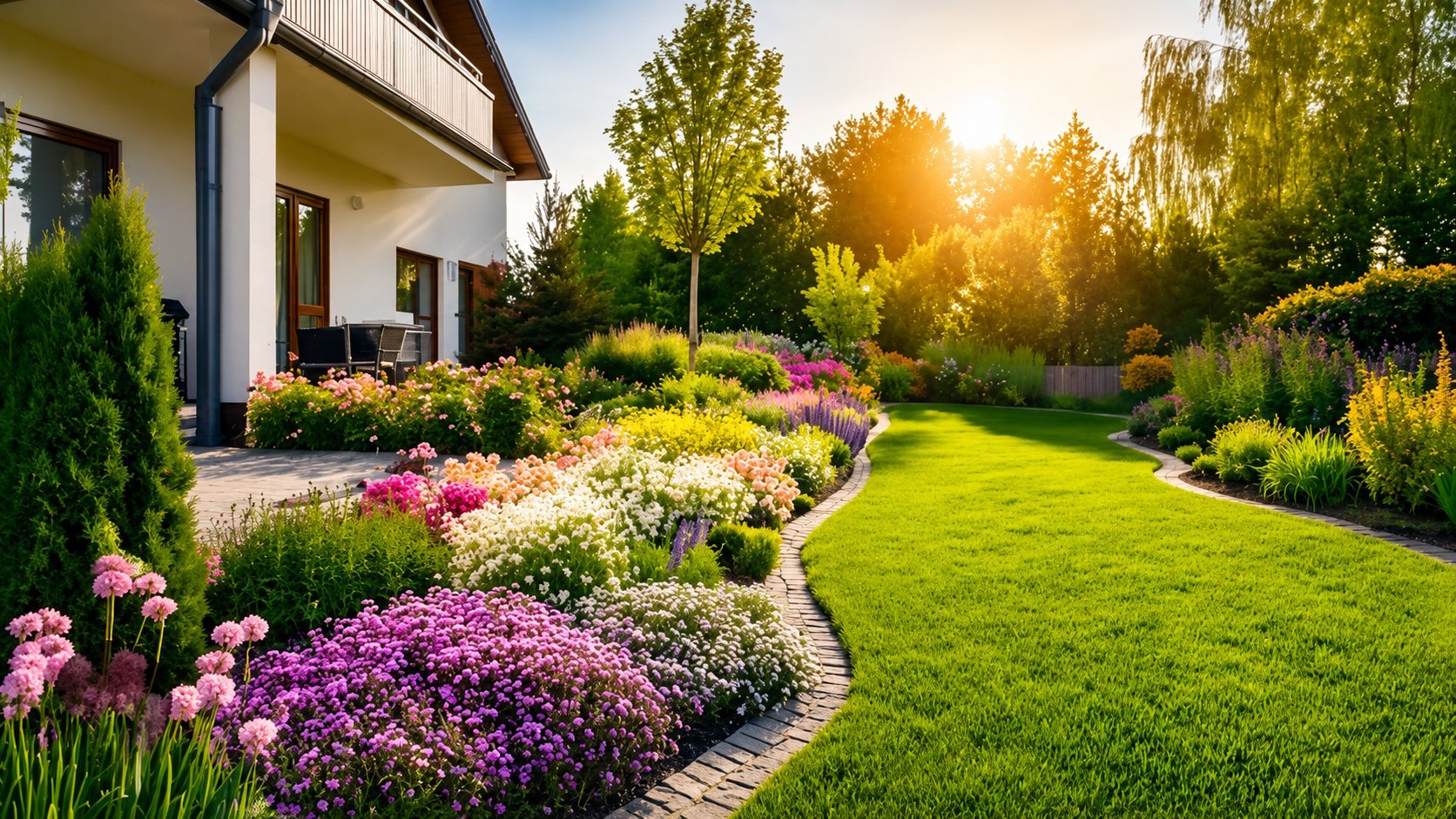 Modern house with manicured lawn and vibrant flower garden featuring pink, purple, and white blooms at sunset