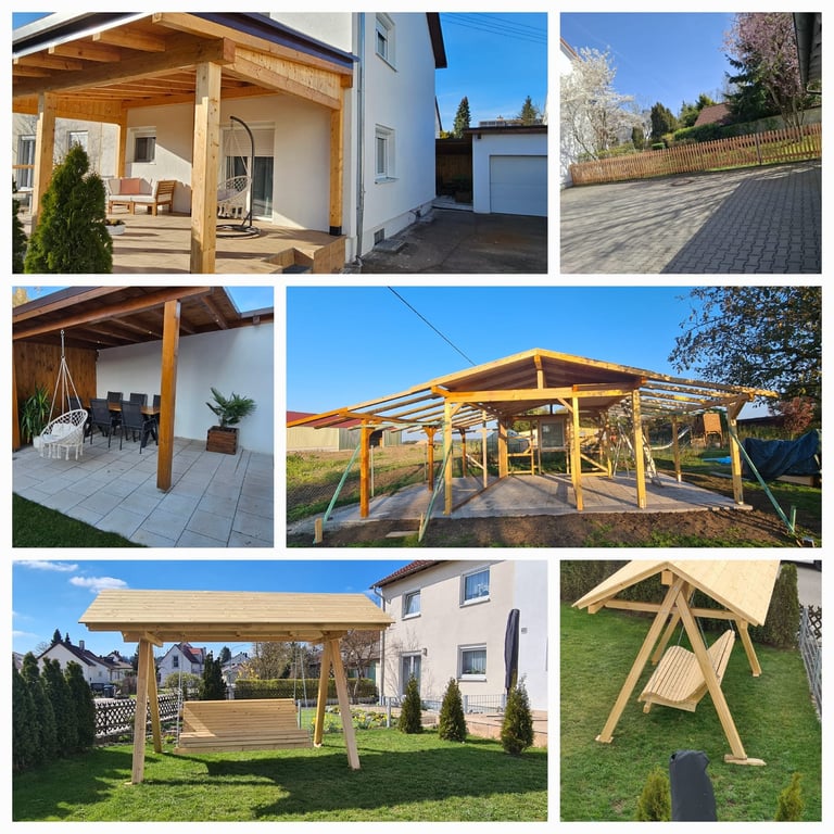 Collage of wooden pergolas and patio structures in residential settings, showing various designs and installations